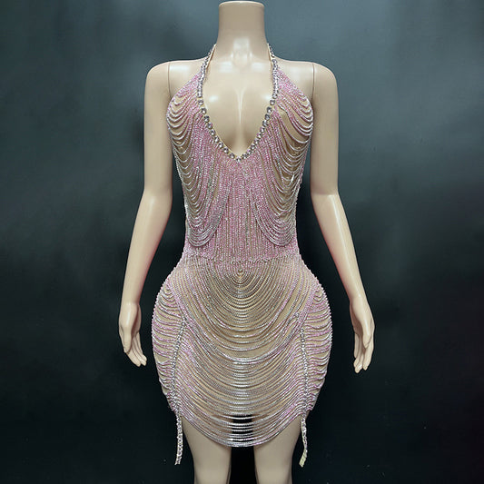 Sequined Backless Deep V Women's Short Skirt Club