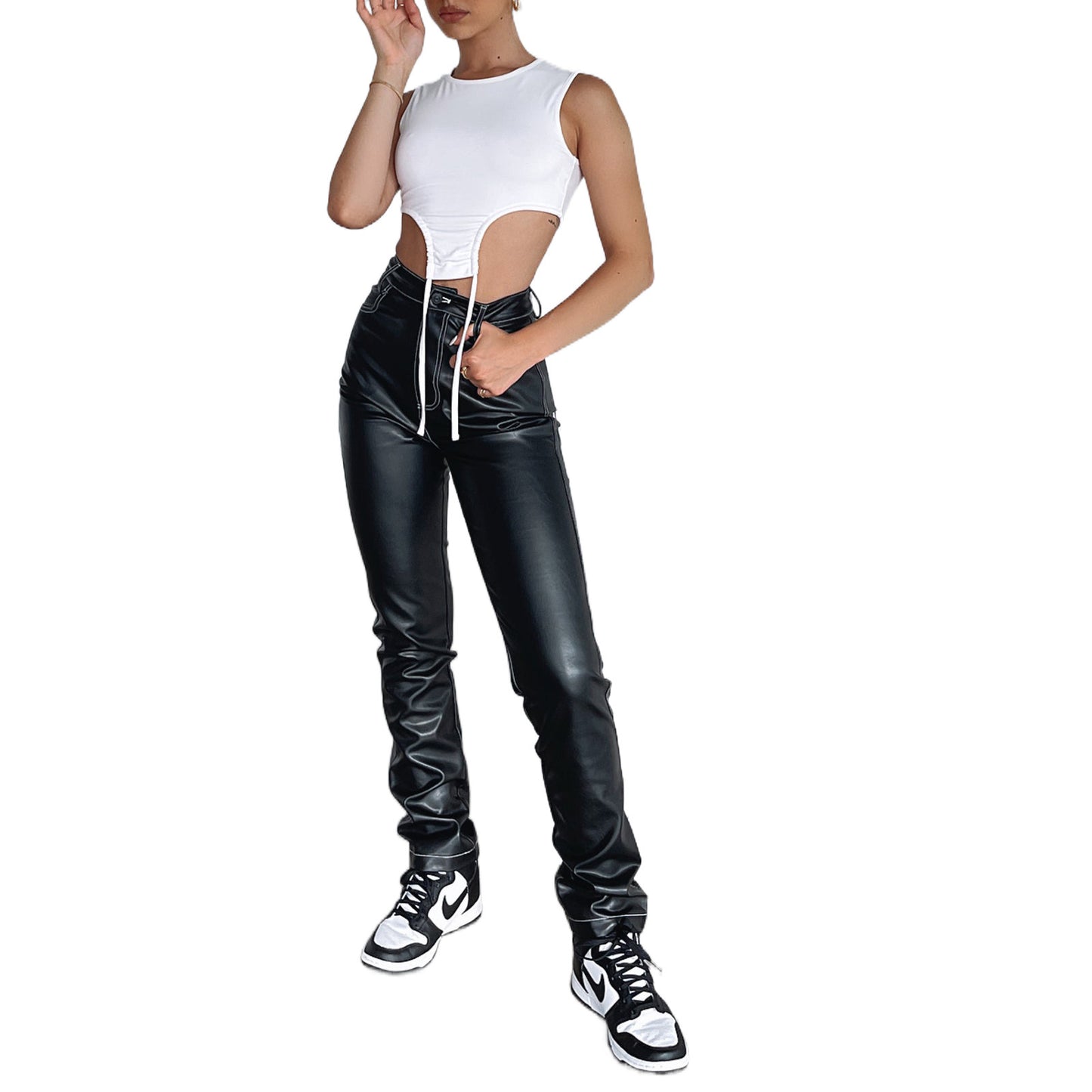 High Elasticity PU Leather Straight Pants for Women Mid Waist S-XL