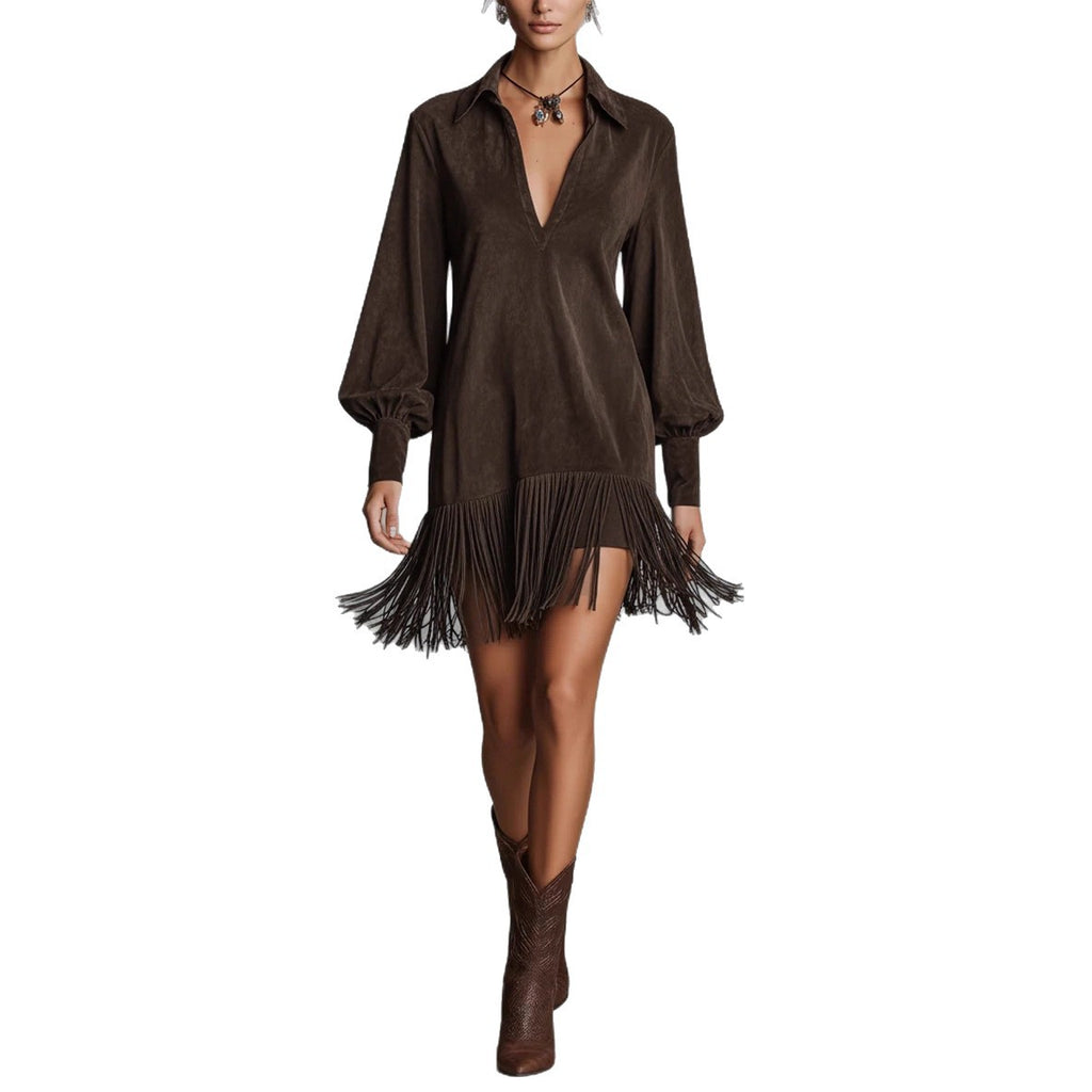 Denim Faux Suede Mid-Length V-Neck Dress with Flared Hem and Fringe