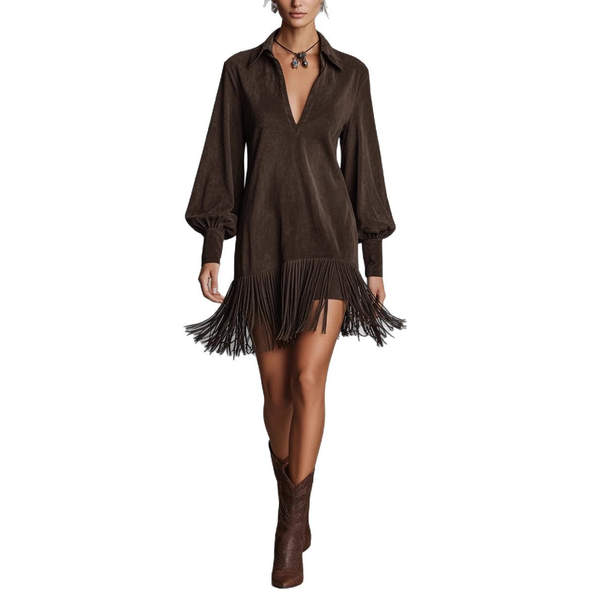 Denim Faux Suede Mid-Length V-Neck Dress with Flared Hem and Fringe