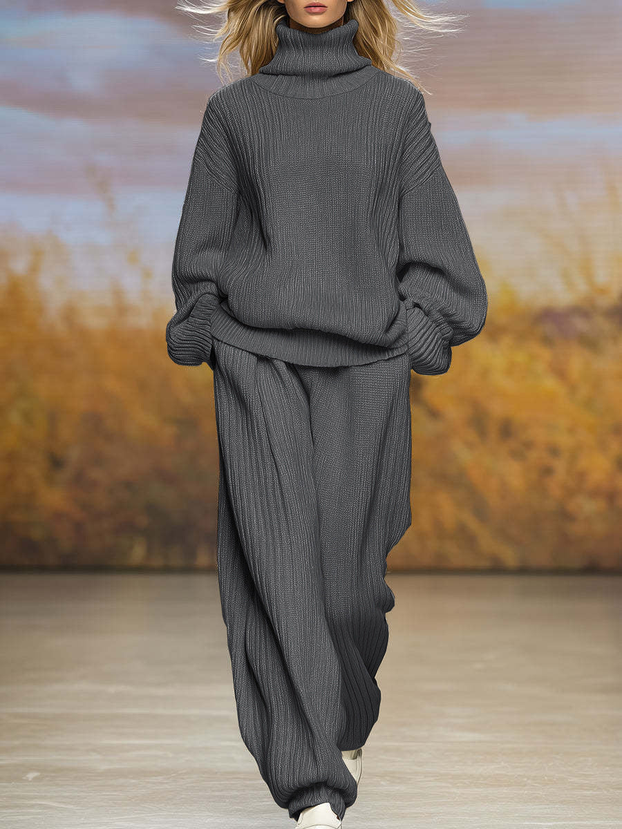 Ensemble Femme Pull Col Roulé Ample et Pantalon Large Tricoté