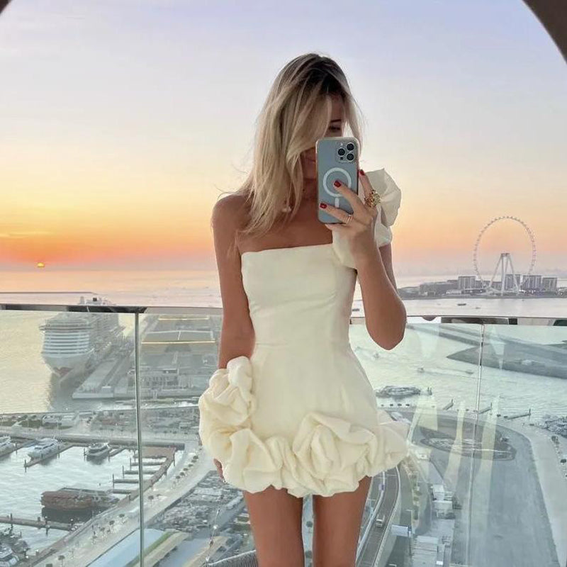 Sexy One-Shoulder Slim Ruffled Flower Bud Short Dress for Evening Party