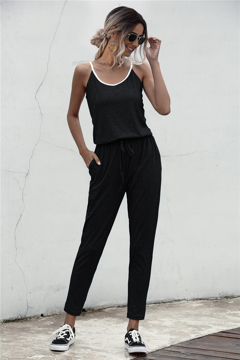 Summer Color Block Suspender Jumpsuit in Gray, Black & Army Green