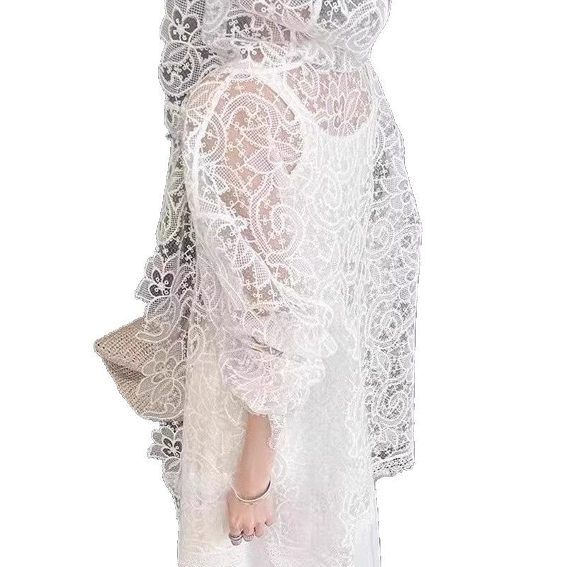 White Lace Crocheted Sun Protection Shirt for Women