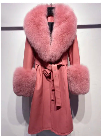 Slim-Fit Genuine Leather Sheepskin Coat with Fox Fur Collar