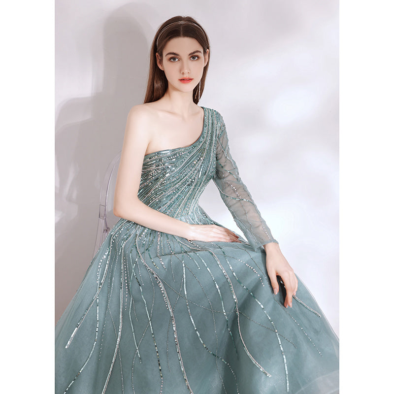 Champagne Long Sleeve U-Neck Luxury Beaded Ladies Dress