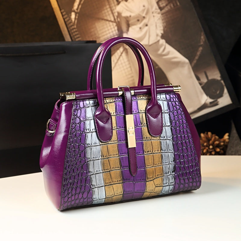Vintage Cowhide Hand Shoulder Bag with Crocodile Pattern Crossbody