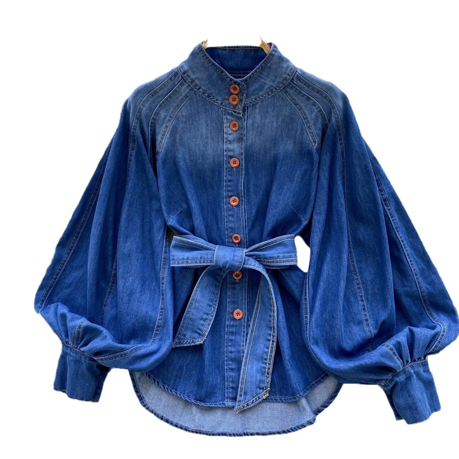 Retro Lace-Up Waist-Control Denim Top with Stand-Up Collar and Puff Sleeves