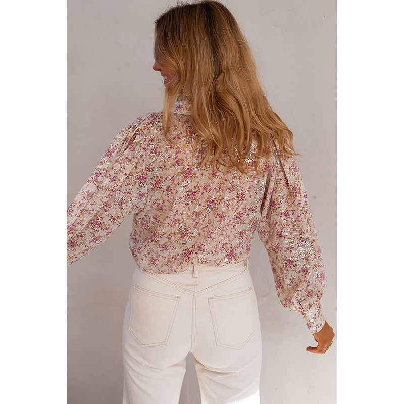 Fashion Women's Single Row Multi-Buckle Shirt with Floral Print