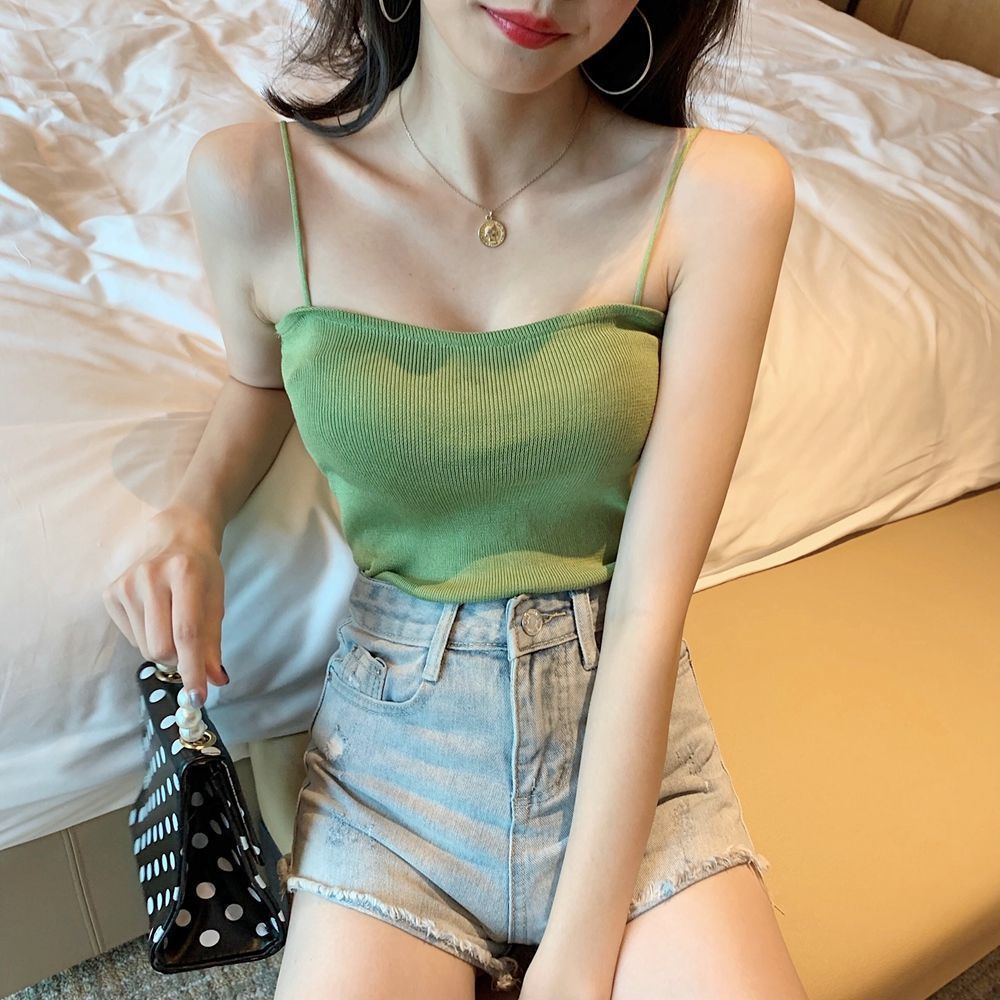 Slim Fit Knitted Spaghetti Strap Vest Outerwear Free Size