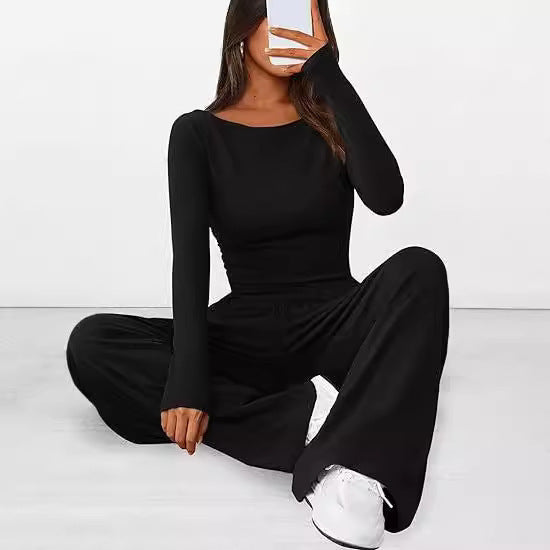 Casual Suit Asymmetric Long-sleeved T-shirt Wide-leg Pants Casual Set