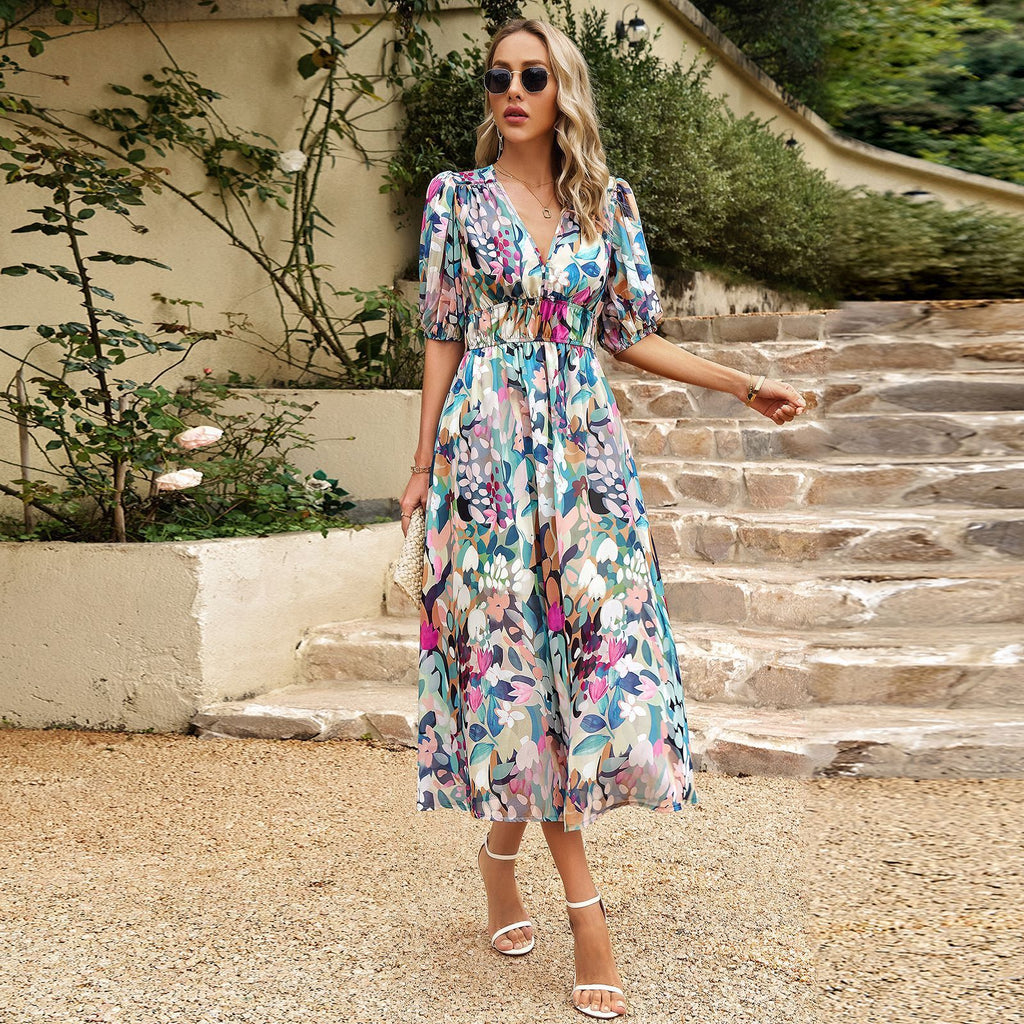 Robe longue en mousseline de soie à col en V, imprimée, à manches courtes, pour femme, idéale pour les vacances d'été à la plage