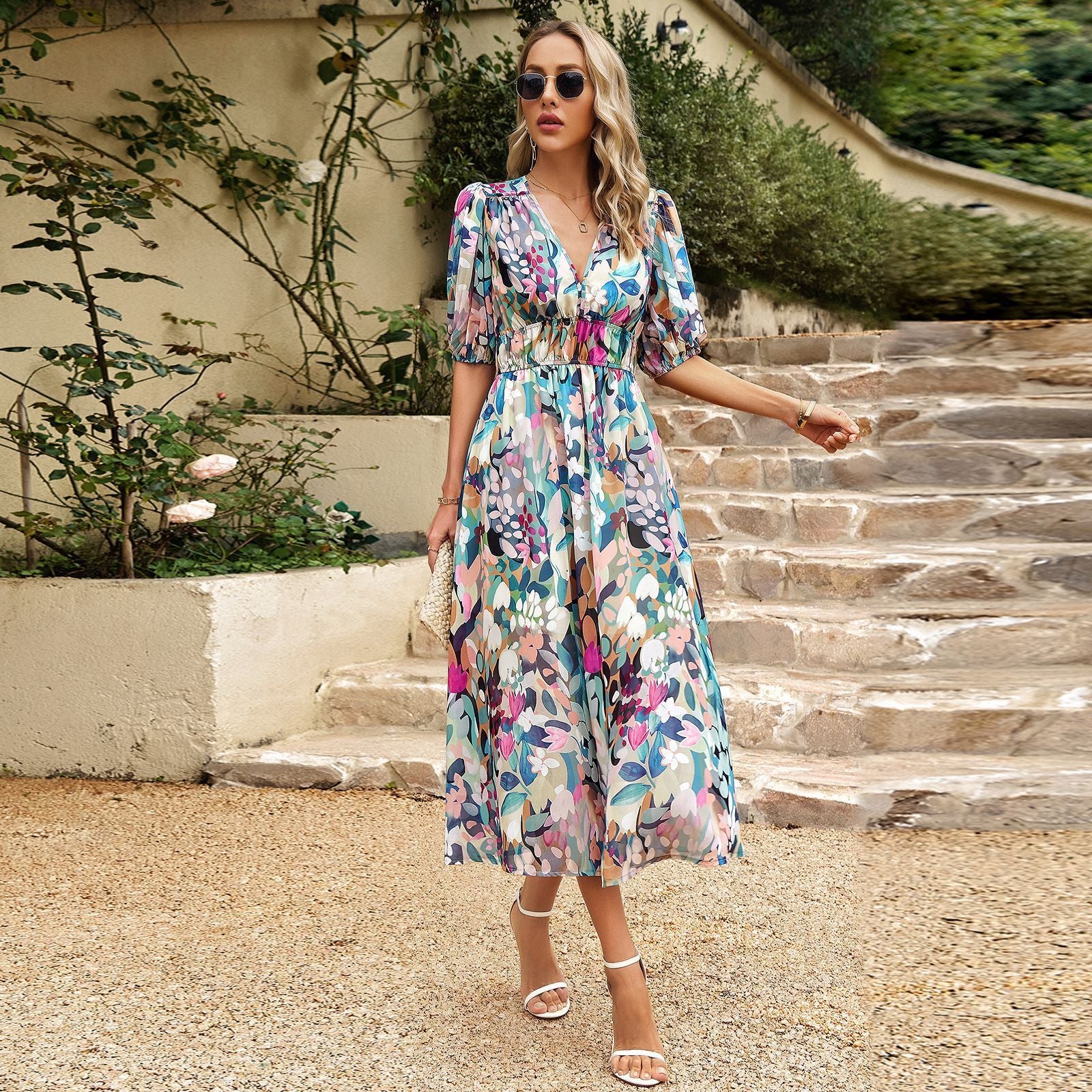 Robe longue en mousseline de soie à col en V, imprimée, à manches courtes, pour femme, idéale pour les vacances d'été à la plage