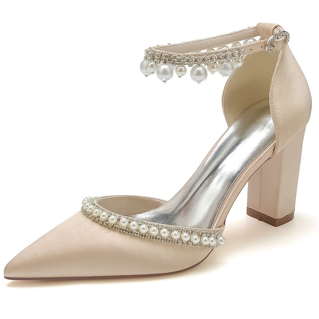 Escarpins à bout pointu en satin avec strass et chaîne, à talon carré