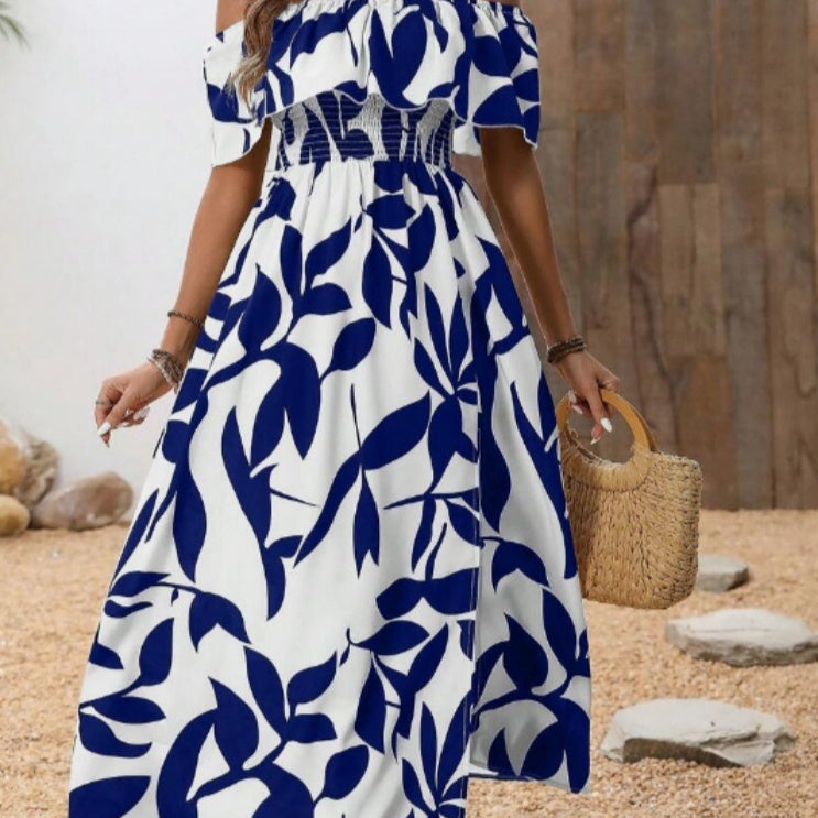 Summer Blue White Botanical Off-Shoulder Split Dress