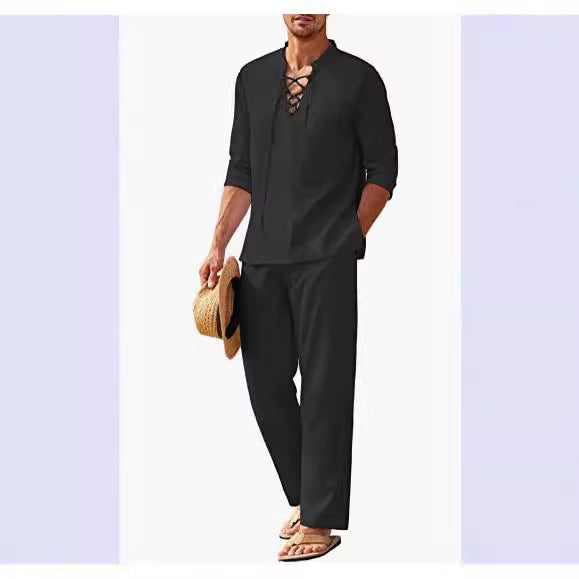 European & American Cotton Linen Henley Shirt Beach Casual Solid Color Suit