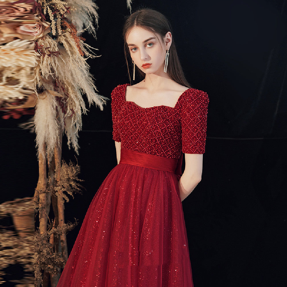 Women's Fashion Wedding Dress Bandage Pearl Detail Wine Red XS-XXL