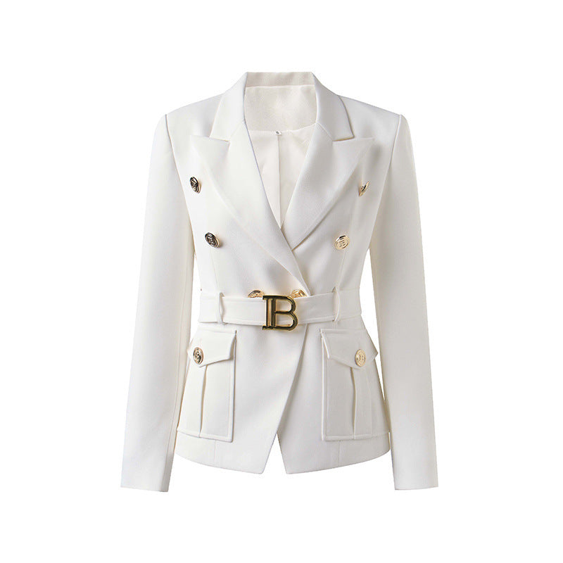 Manteau femme bicolore noir et blanc avec poches et ceinture à boucle métallique