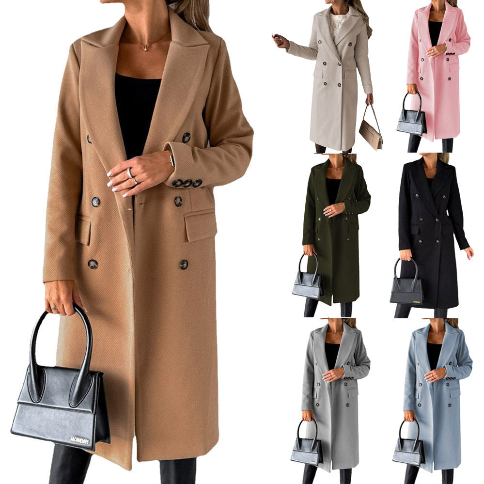 Manteau long d'hiver ajusté à revers double boutonnage pour femme