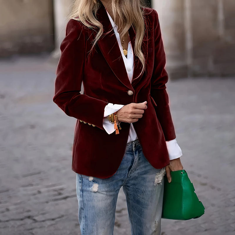 Veste décontractée croisée simple cintrée à revers en velours pour femme