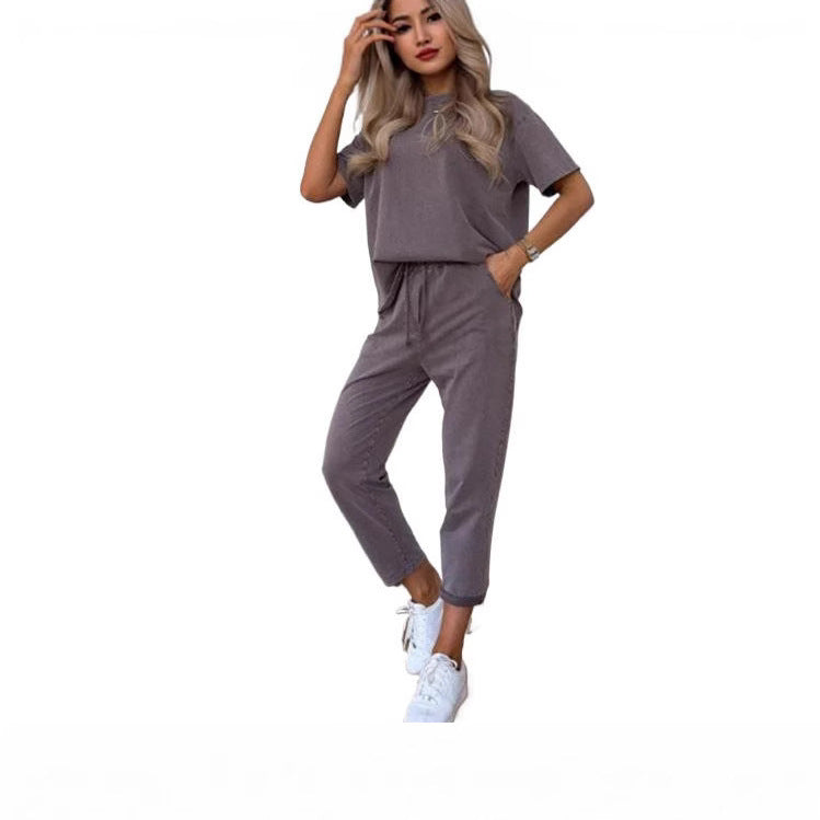 Solid Color Short-Sleeve Cropped Pants Casual 2-Piece Set