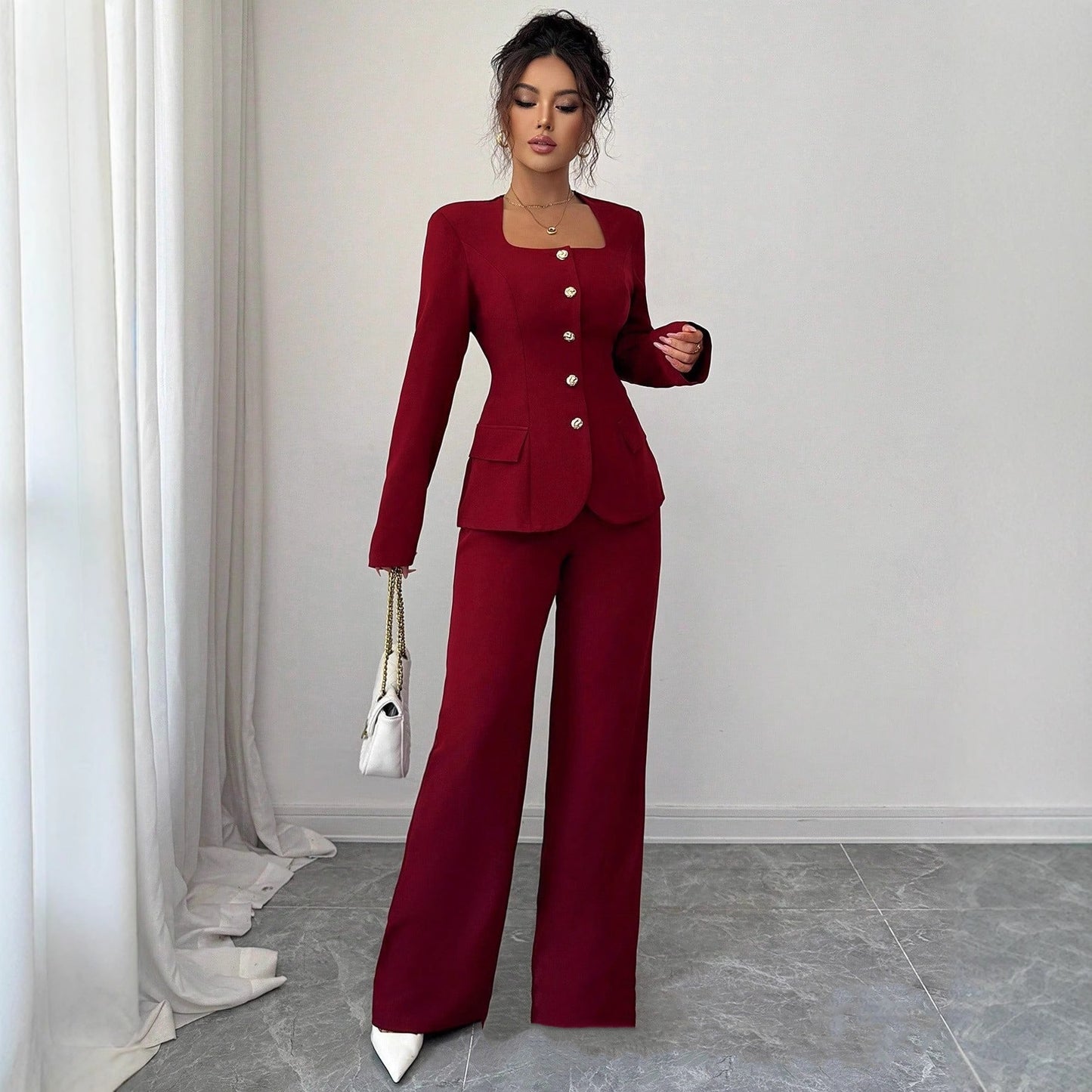 Defined-Waistline Long-Sleeve Top And Wide-Leg Pants Two-Piece Pants Set