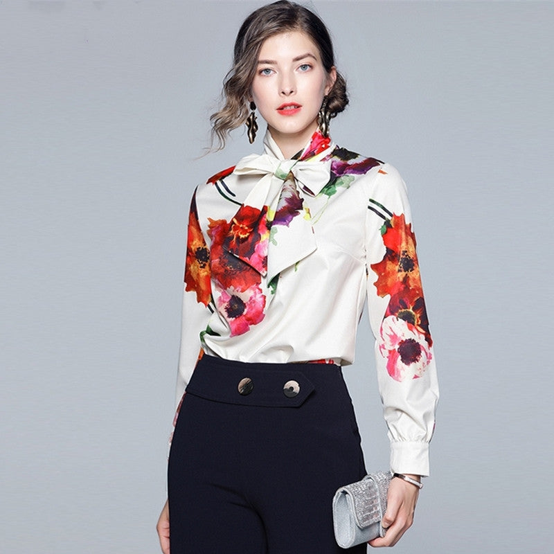 Women's White Long Sleeve Shirt with Bow Ribbon Print