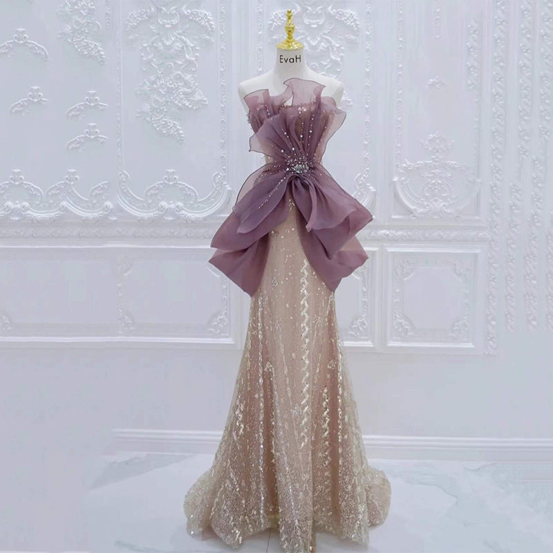 Robe de soirée champagne pour femme avec perles et sequins