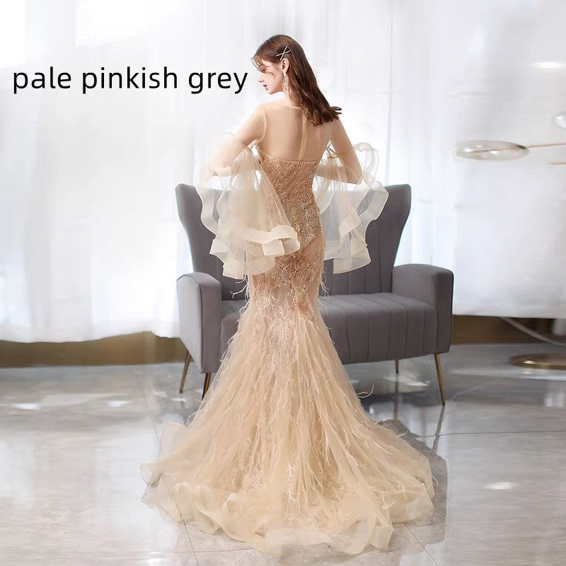 Golden Mermaid Evening Dress with Zipper, Mid Waist, 3/4 Sleeves, XXL Available