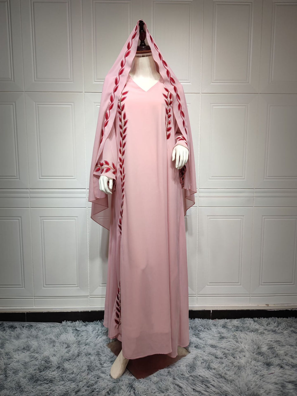 فستان إسلامي طويل من الشيفون مطرز مع حجاب، بياقة دائرية، وأكمام طويلة، وألوان متعددة، ومقاسات S-XXL