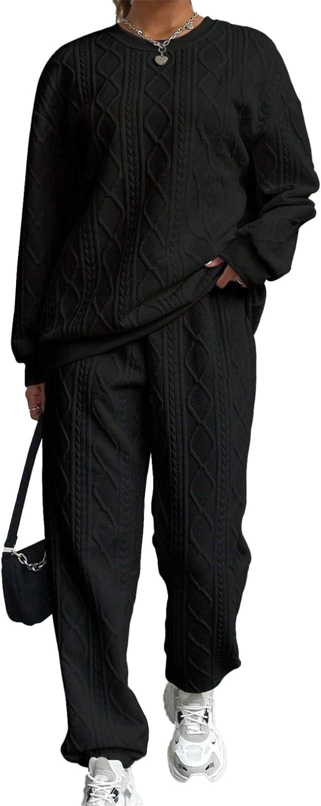 Jacquard Long Sleeve Casual Round Neck Sweater Trousers Suit