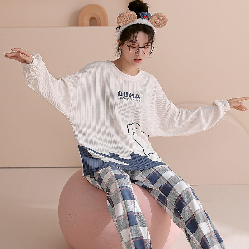 Ladies Cotton Long-Sleeve Cartoon Pajama Set for Home & Outside Wear