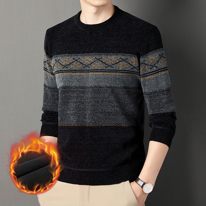 Chenille Velvet Padded Thick Warm Jacquard Sweater for Middle-Aged Men