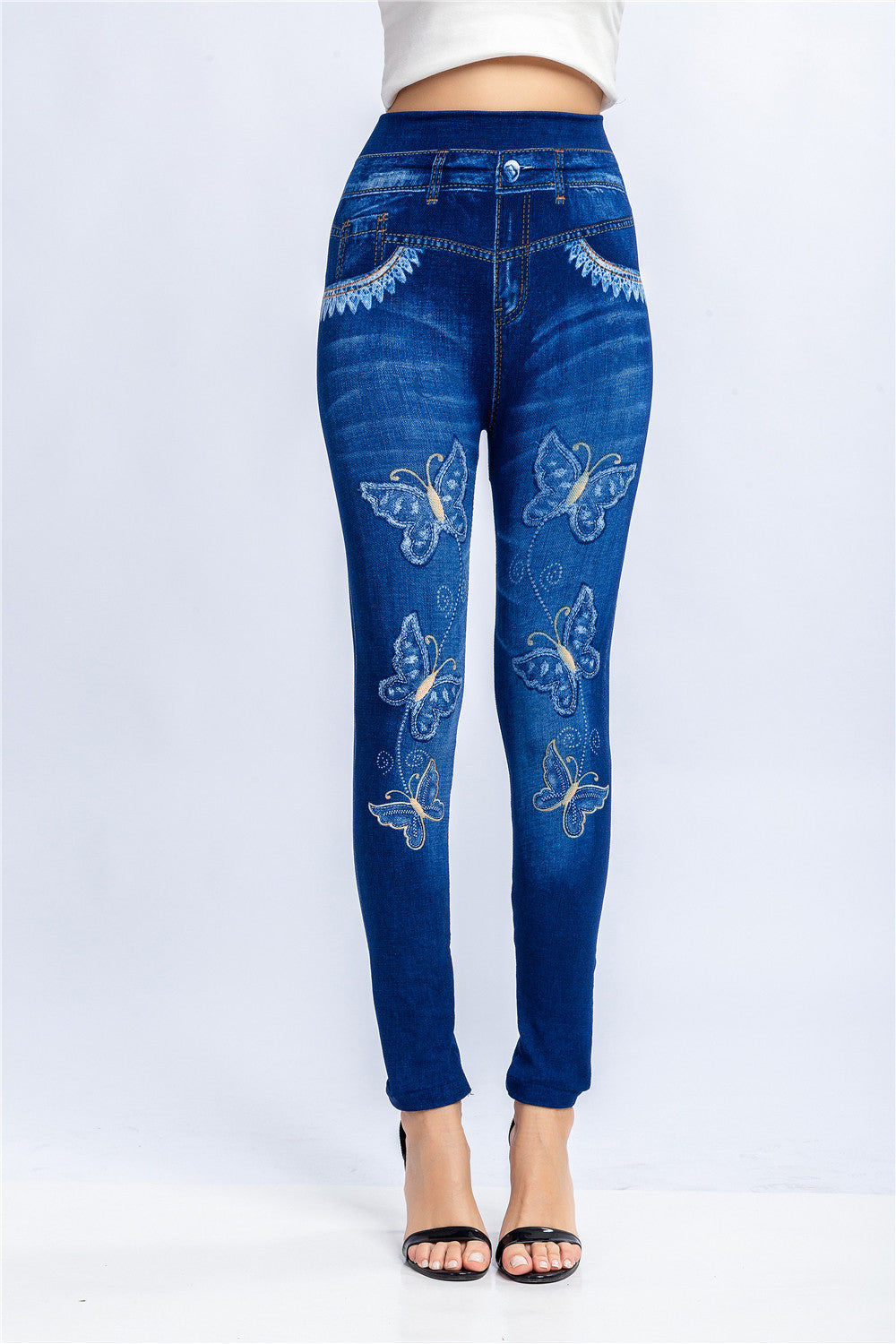 High-Waisted Ultra-Stretch Capri Pants with Butterfly Print