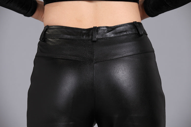 Women's Black Sheepskin Bootcut Leather Pants Natural Waist