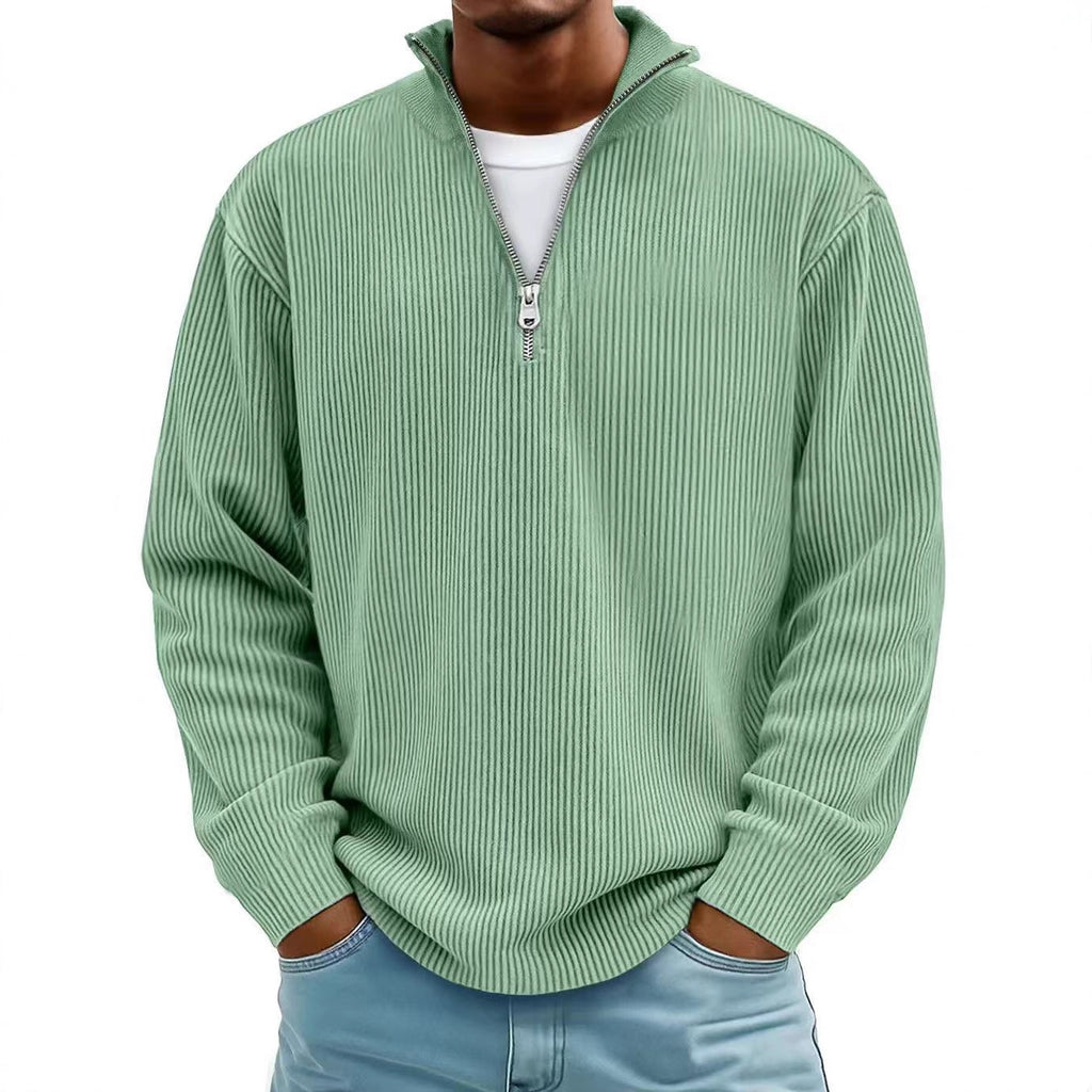 Casual Ribbed Stand Collar Corduroy Zipper Long Sleeve Pullover