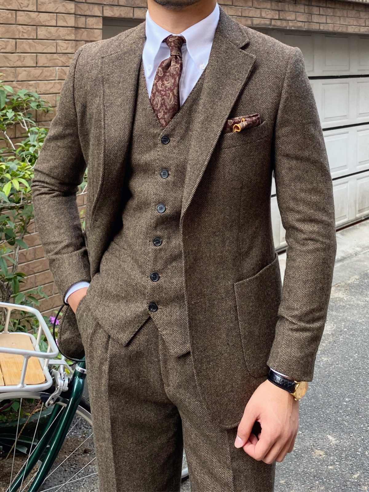 Retro Herringbone Wool Slim Fit Men's Suits