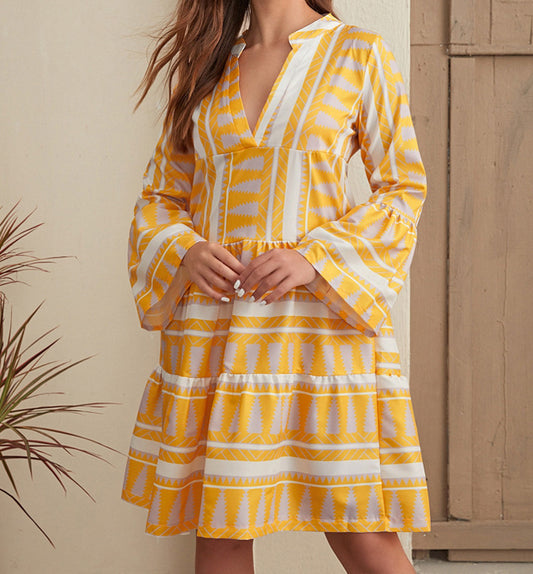 Geometric Print V-neck Casual Dress