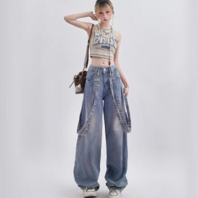 Pantalon en jean délavé décontracté avec motif ruban rétro