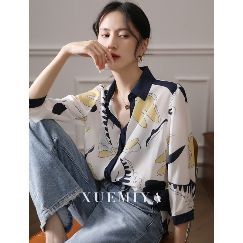 Artificial Silk Printed Shirt Women's Design Sense Niche Retro Style