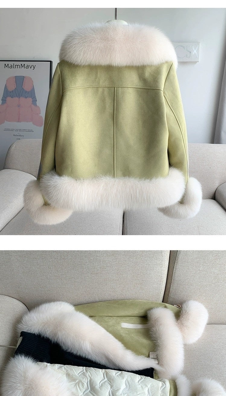 Manteau de fourrure rose abricot kaki pour femme avec manches volantées