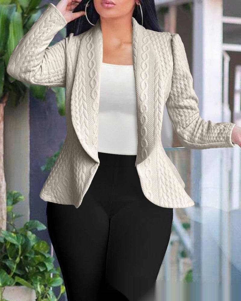 Womens Khaki Knitted Jacquard Lapel Coat with Fitted Waist and Long Sleeves