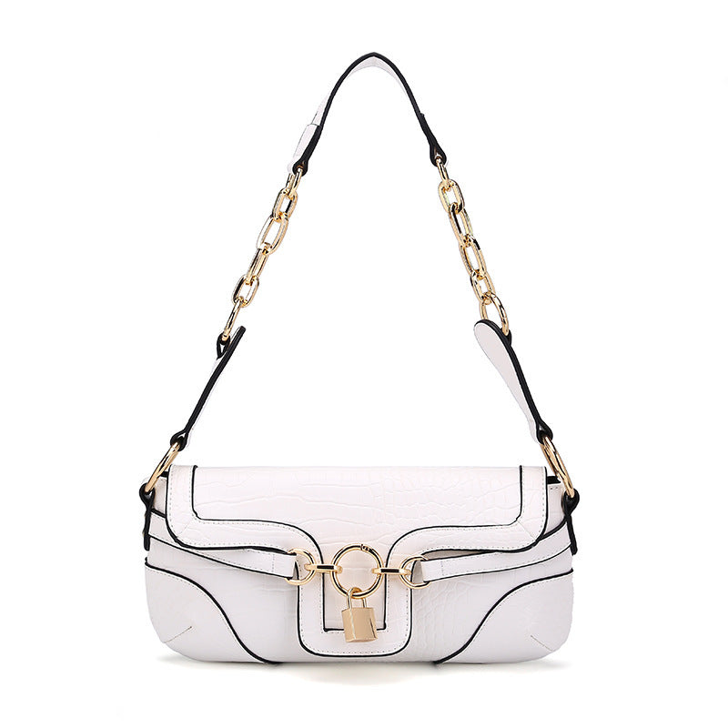 Petit sac baguette d'aisselle à cadenas, motif vintage et chaîne