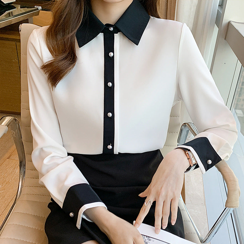 Contrast Color Single Row Pearl Buckle Long Sleeve Cardigan Shirt