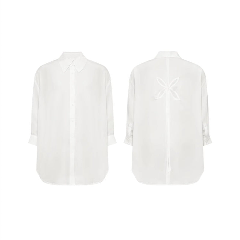 French Romantic White Lace-Up Openwork Blouse for Women