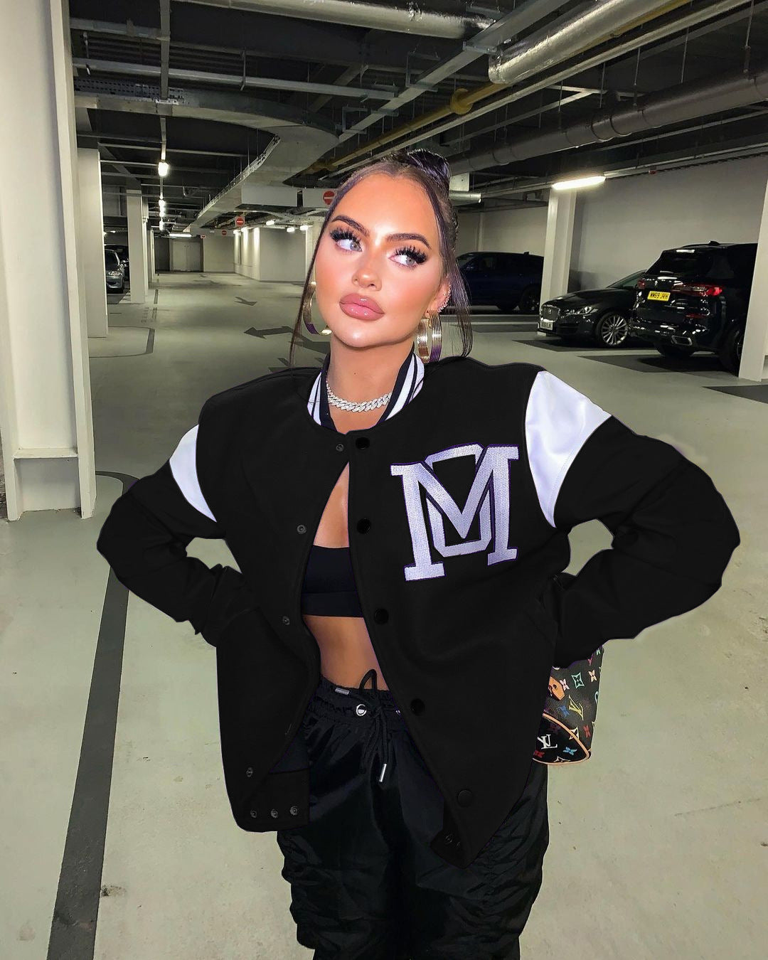 Veste de baseball unie patchwork à lettres décalées