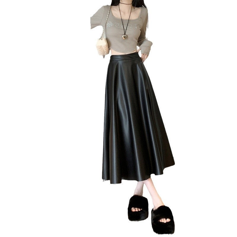 Mid-Length PU Leather Simple A-Line Umbrella Skirt in Army Green & Khaki