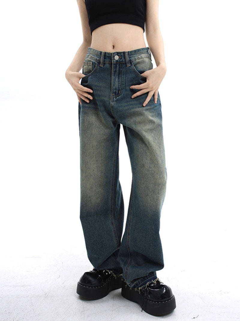 High Waist Retro Blue Wide Leg Denim Jeans Loose Fit Straight Tube Pants