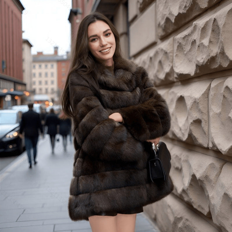 Dark Brown Casual Warm Loose Artificial Fur Coat