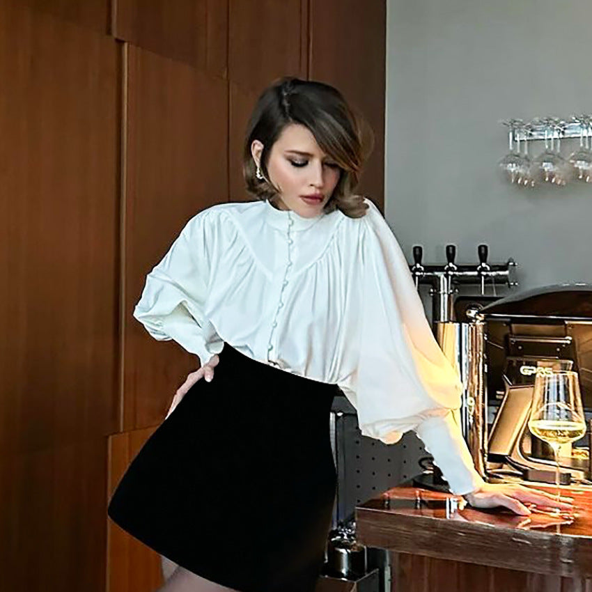 White Casual Small Stand-Up Collar Lantern Sleeve Pleated Shirt